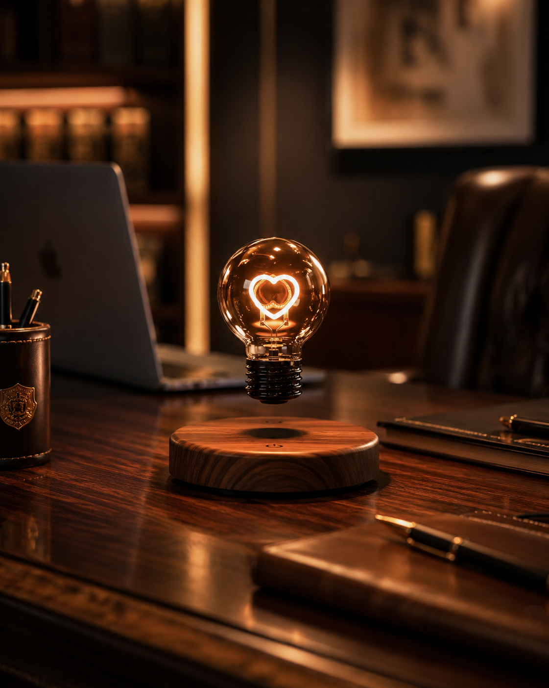 Levitating Heart LED Lamp – Magnetic Floating Bulb with Wooden Base