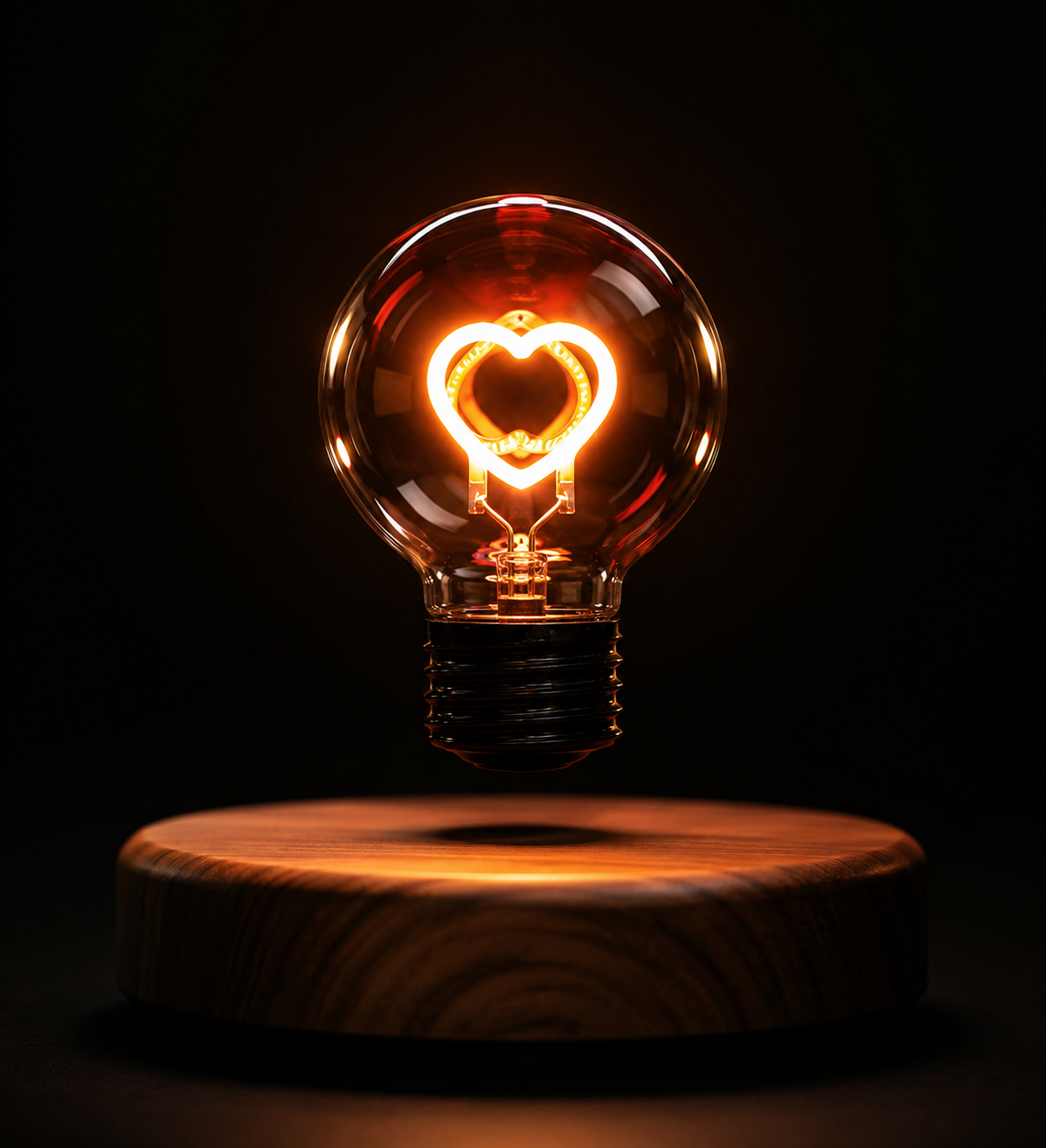 Levitating Heart LED Lamp – Magnetic Floating Bulb with Wooden Base