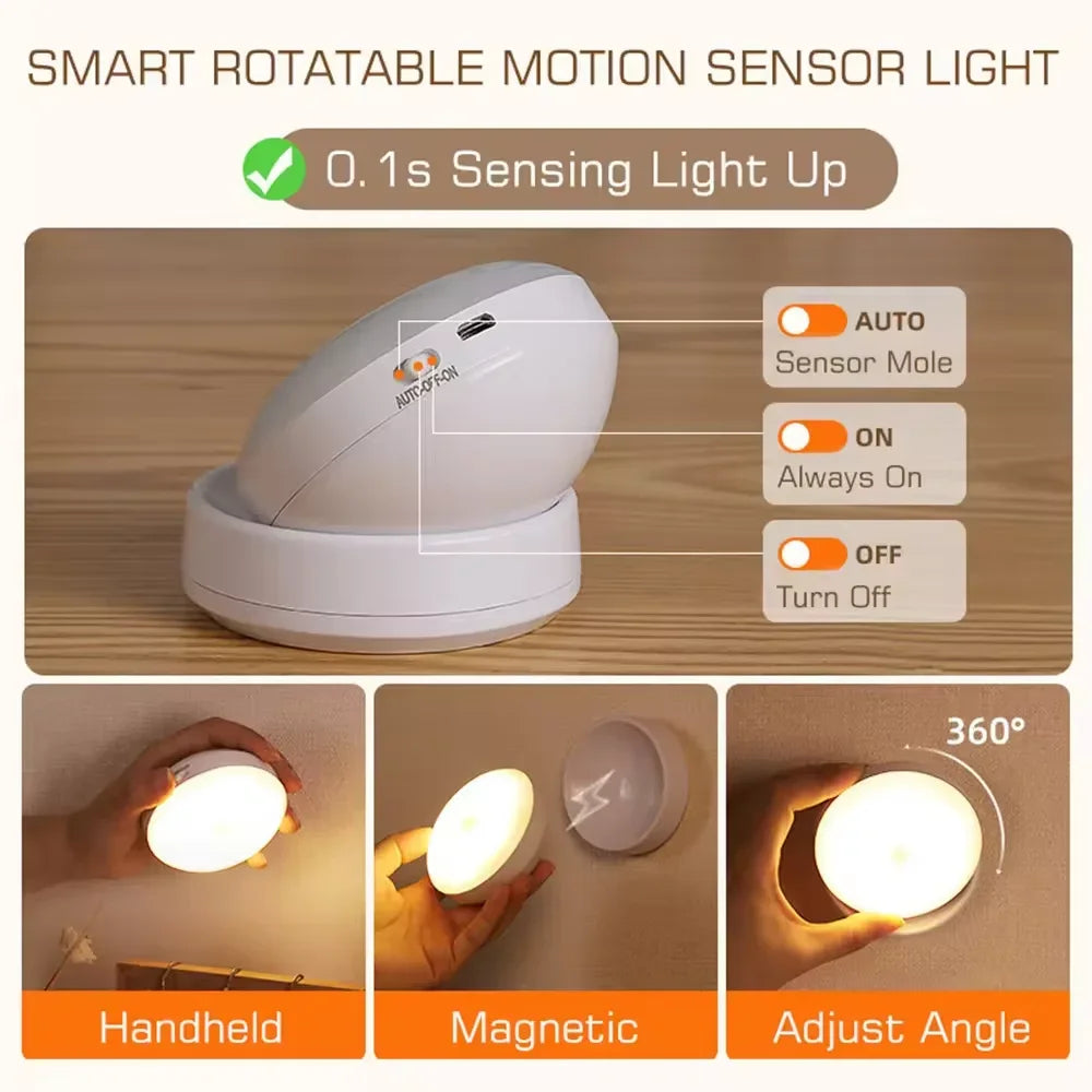 Motion Sensor Night Light — USB Rechargeable, Rotatable LED Lamp for Bedroom & Bedside