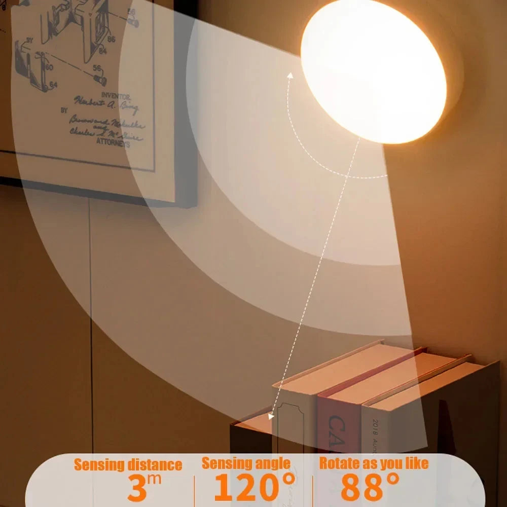 Motion Sensor Night Light — USB Rechargeable, Rotatable LED Lamp for Bedroom & Bedside