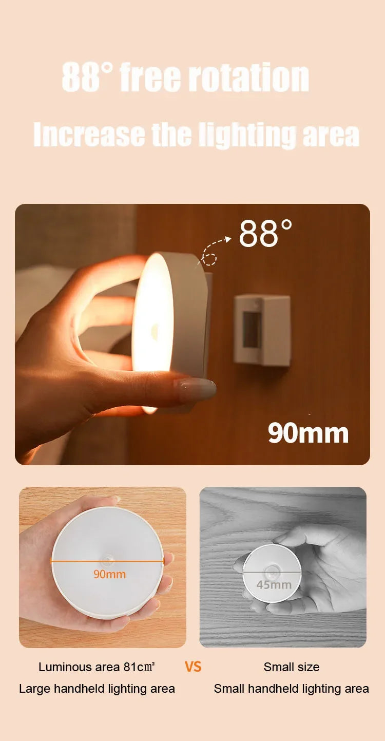 Motion Sensor Night Light — USB Rechargeable, Rotatable LED Lamp for Bedroom & Bedside