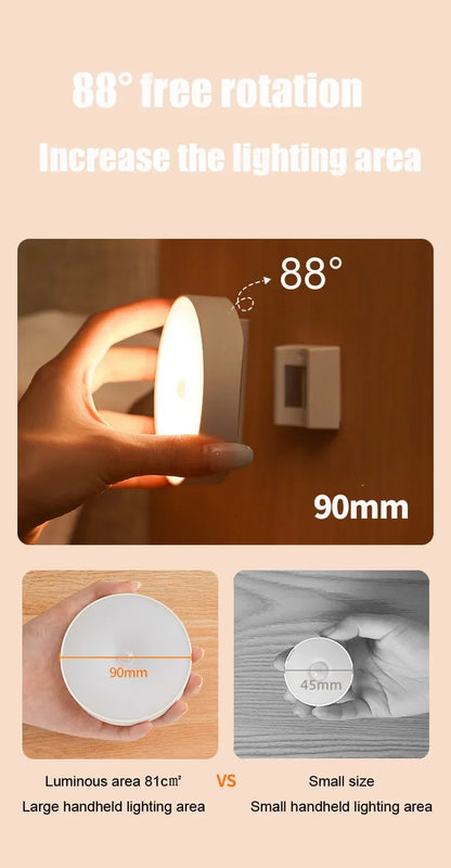 Motion Sensor Night Light — USB Rechargeable, Rotatable LED Lamp for Bedroom & Bedside